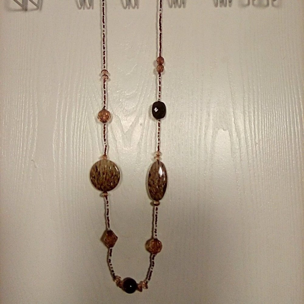 Beautiful Unique Long Beaded Necklace Neutral Colors 39" long